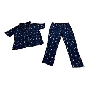 ED By Ellen Navy Blue Dog Print Pajama Set Puppy Print Button Down Sleepwear Lg